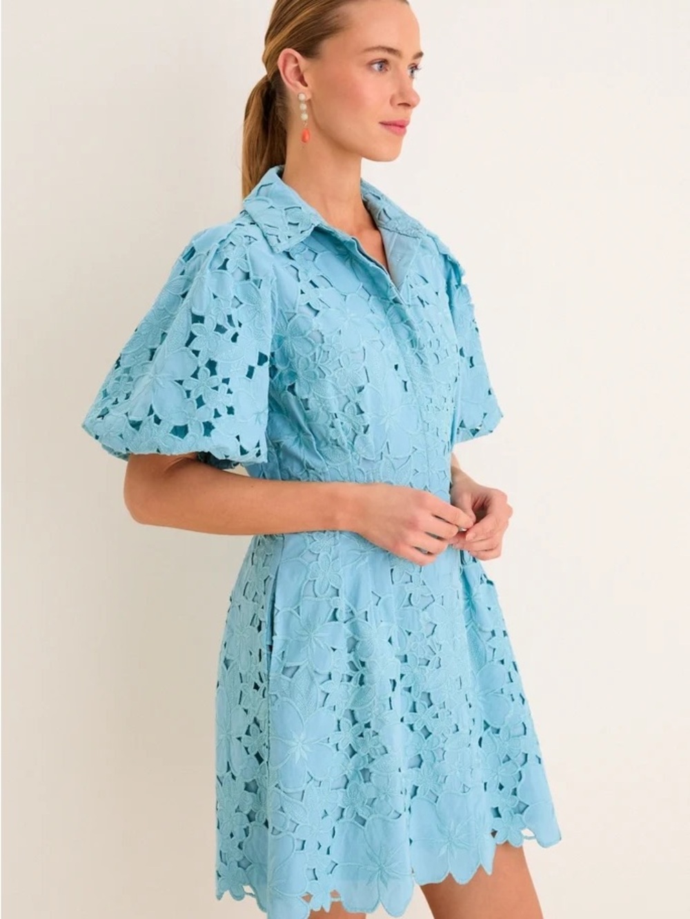 Tuckernuck Cameo Blue Collar Eyelet Mini Delaney Dress M Puff Sleeves Scallop - Picture 4 of 5